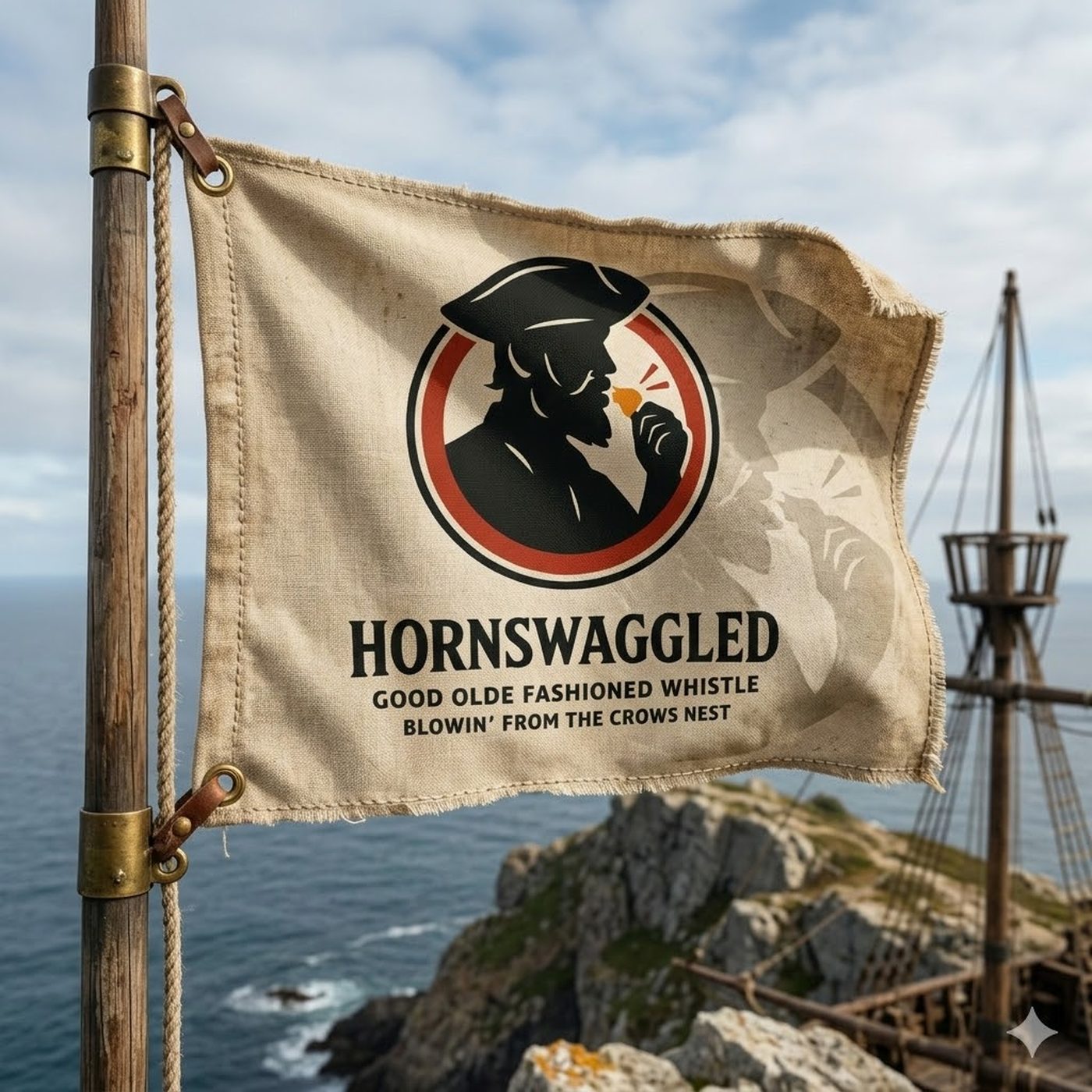 A weathered canvas Hornswaggled flag flying from a wooden mast above a rocky coastline, with a tall ship’s rigging behind it